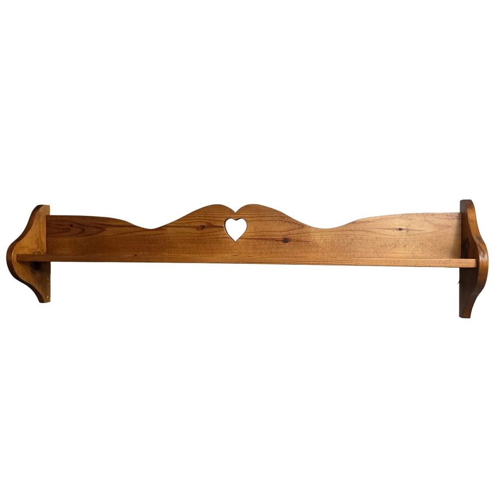 Vtg Rustic Wood Scalloped Heart Cutout Long Wall Shelf Plate Display 45" READ